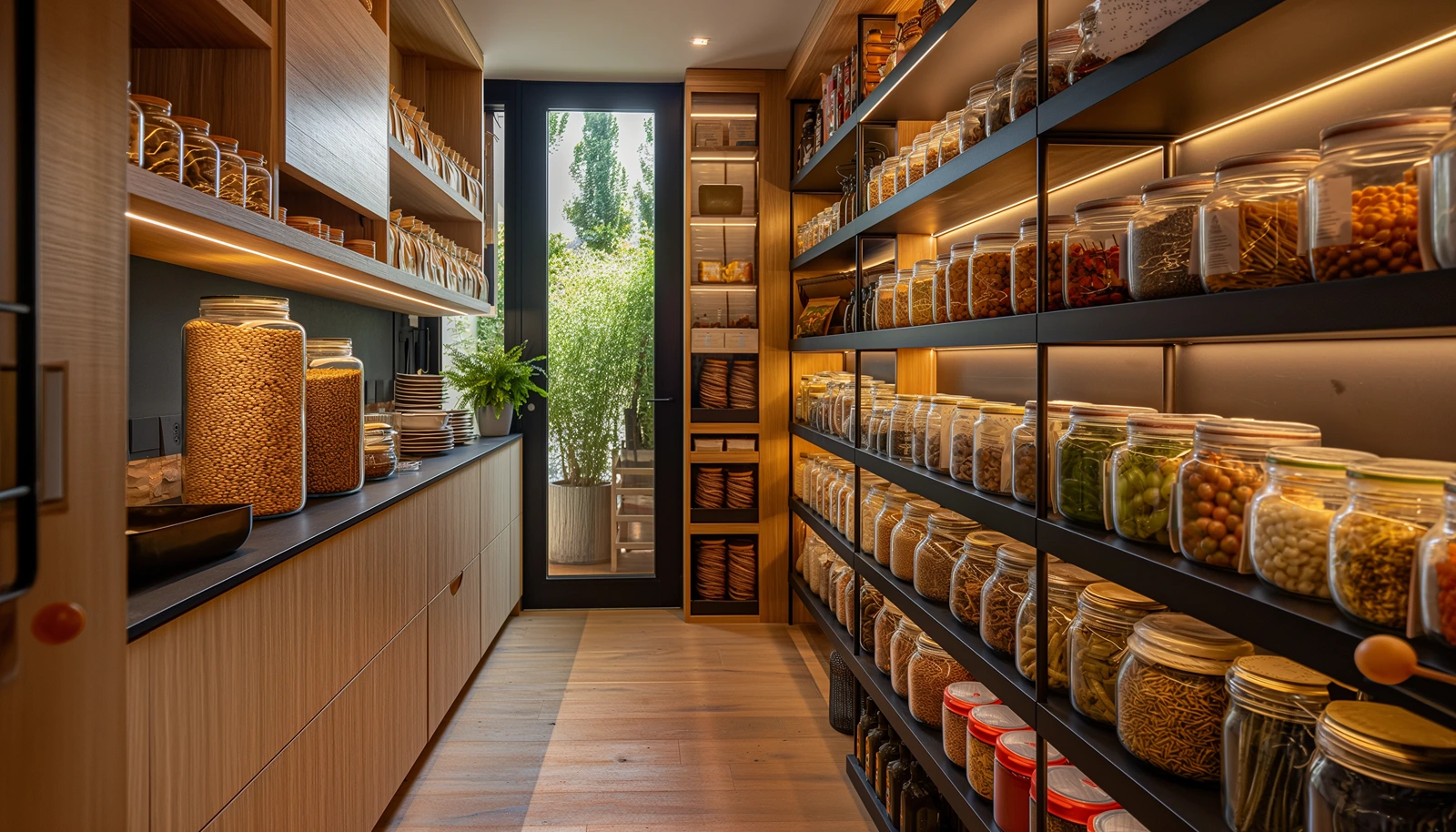 Modern luxury pantry with glass jars filled with grains, legumes, and spices, showcasing organization, sustainability, and healthy living.