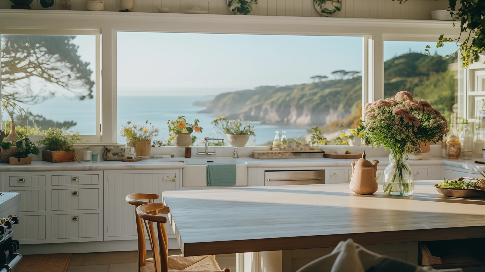 Bright and airy luxury coastal kitchen with ocean views, lush greenery, and fresh flowers on a wooden dining table, representing sustainable and mindful living.