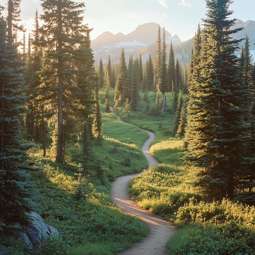 A scenic winding trail through a lush green forest with mountain peaks in the background, symbolizing the journey of personal growth and building lifelong habits.