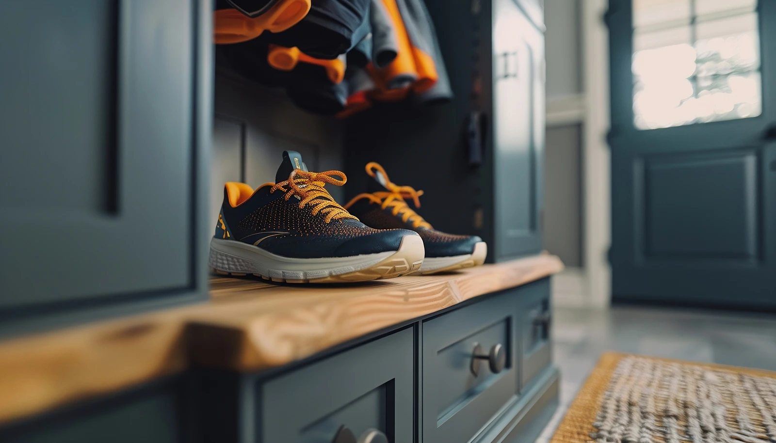 Close-up of orange and black running shoes on a wooden bench in a modern entryway, symbolizing preparation, consistency, and building healthy habits.