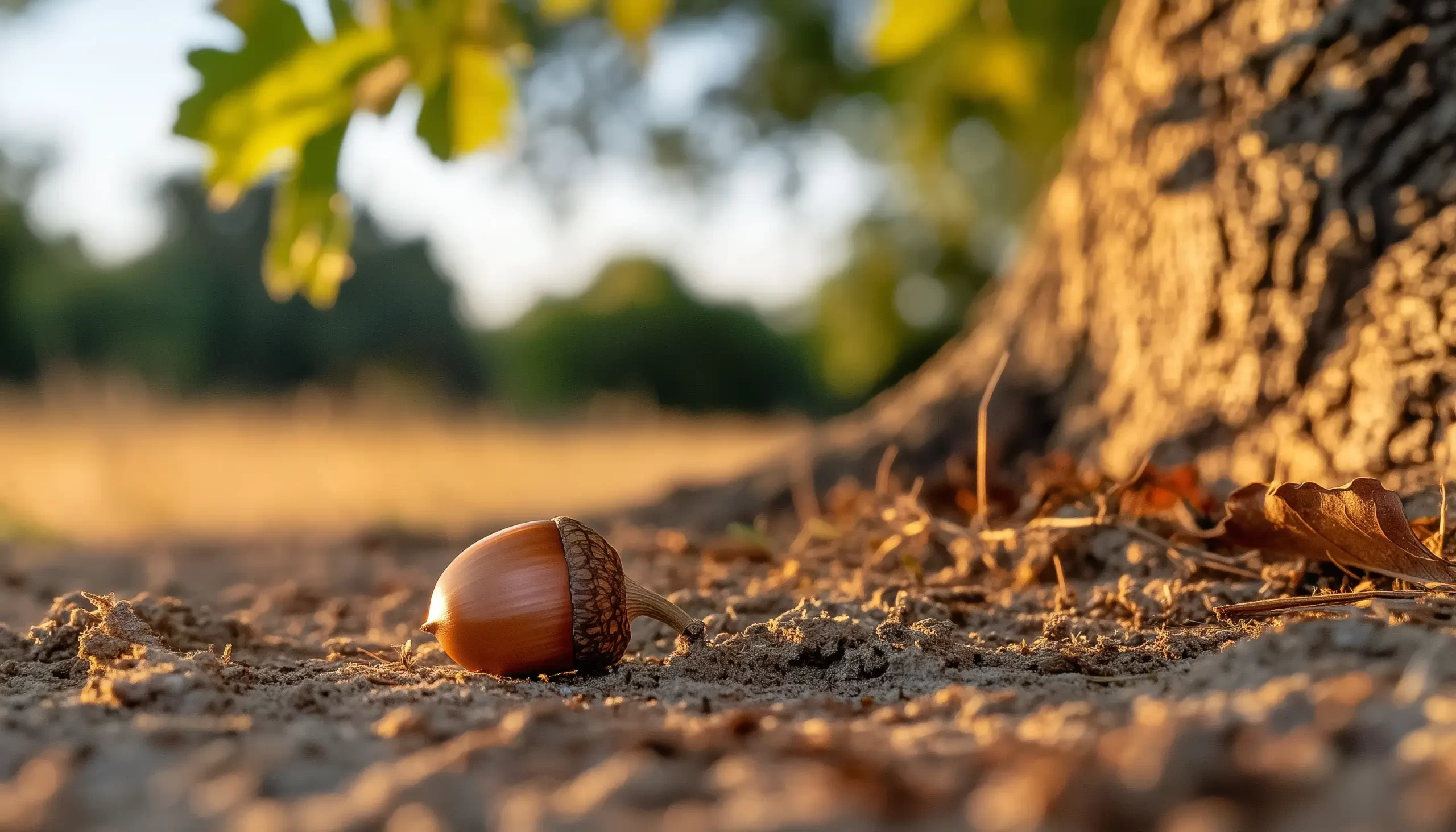 A single acorn resting on the soil beside a strong oak tree, bathed in warm sunlight, symbolizing the power of compound interest and long-term financial growth.