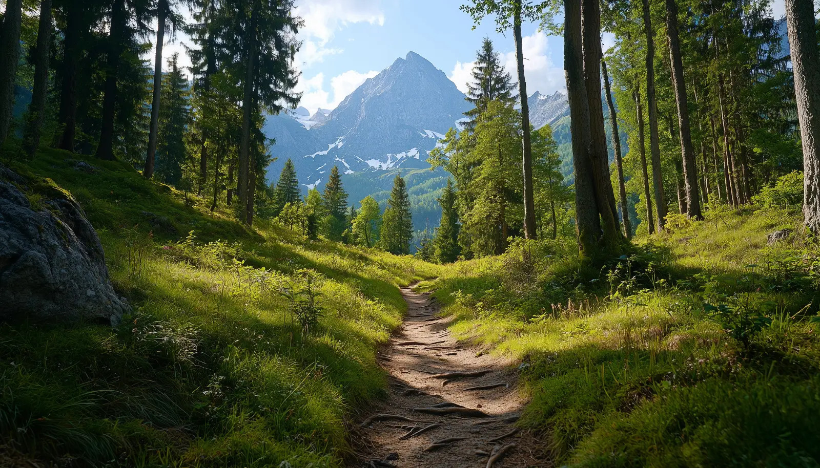 A winding dirt path leading through a lush green forest toward a towering mountain, symbolizing the journey of skill development and income growth.