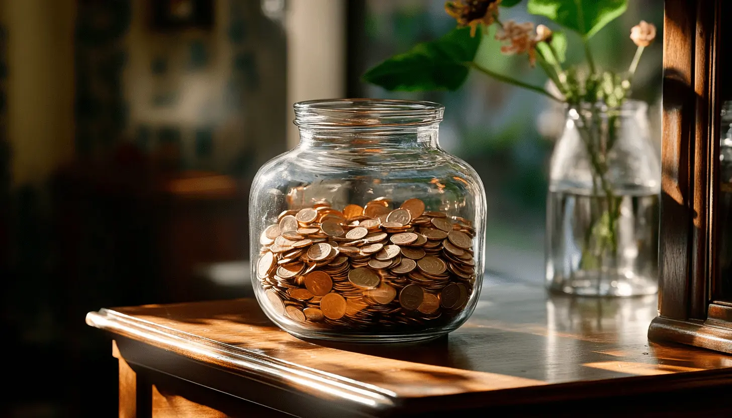 A glass jar filled with gold coins sitting on a wooden table, bathed in warm sunlight, symbolizing financial discipline and smart money habits.