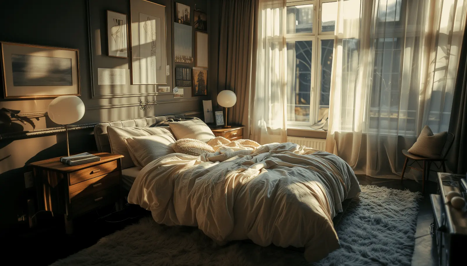 A cozy bedroom with a sunlit bed, soft white bedding, and warm decor, symbolizing relaxation and the importance of quality sleep.