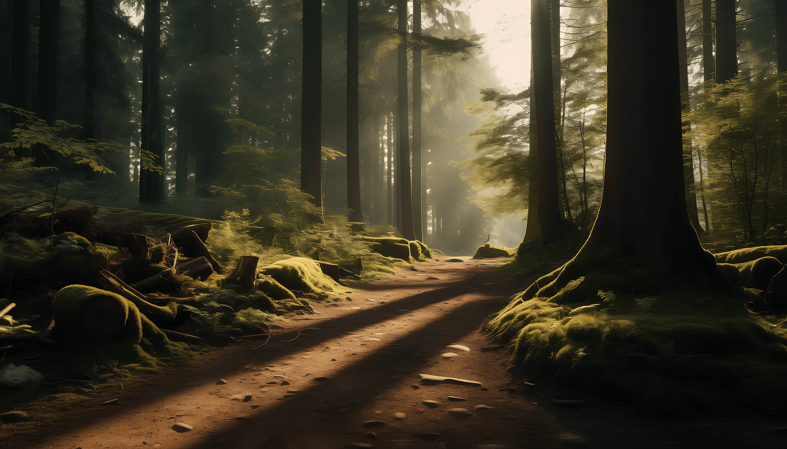 A serene forest trail illuminated by sunlight, symbolizing the journey of building new habits and breaking old ones.