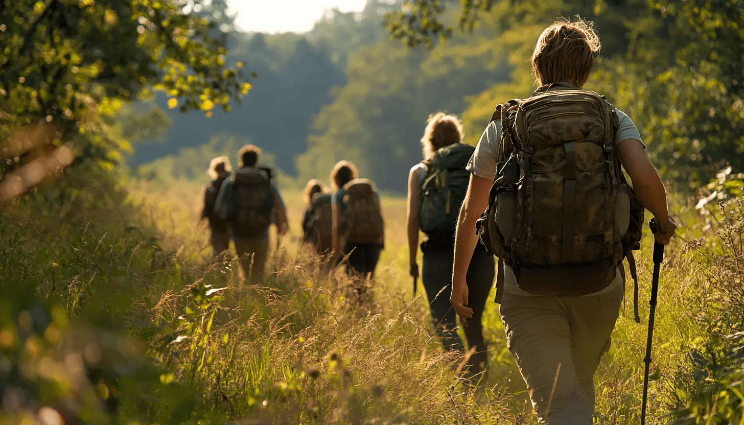 A group of hikers walking through a sunlit nature trail, representing movement as a lifelong habit.