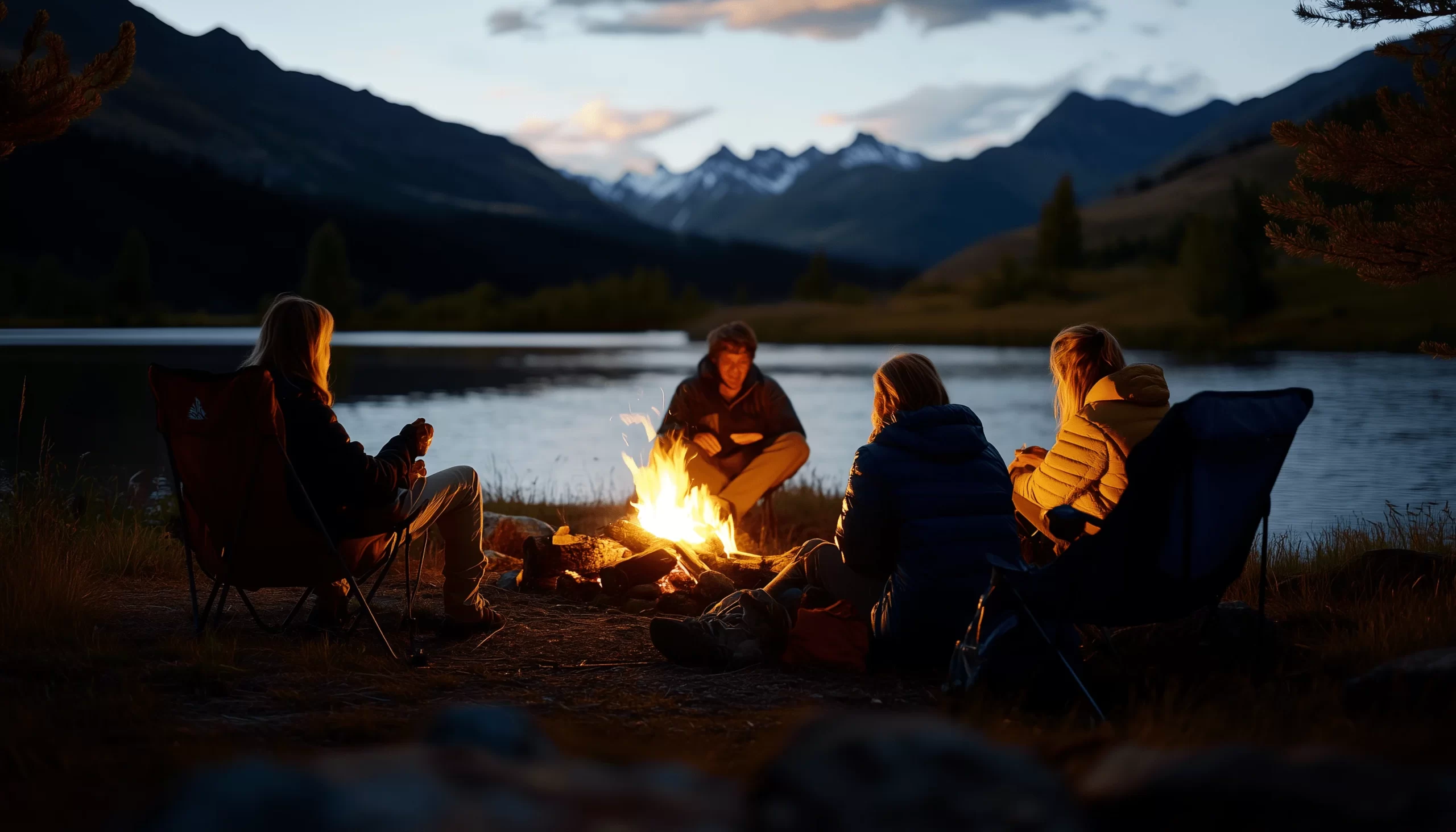 A group of friends sitting around a campfire by a mountain lake at dusk, sharing stories and laughter, symbolizing joy, connection, and the pursuit of happiness.