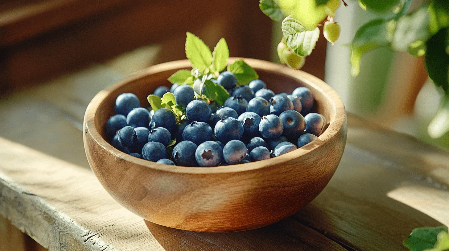 A wooden bowl filled with fresh blueberries, bathed in natural sunlight, symbolizing nourishment, vitality, and the foundation of a healthy lifestyle.