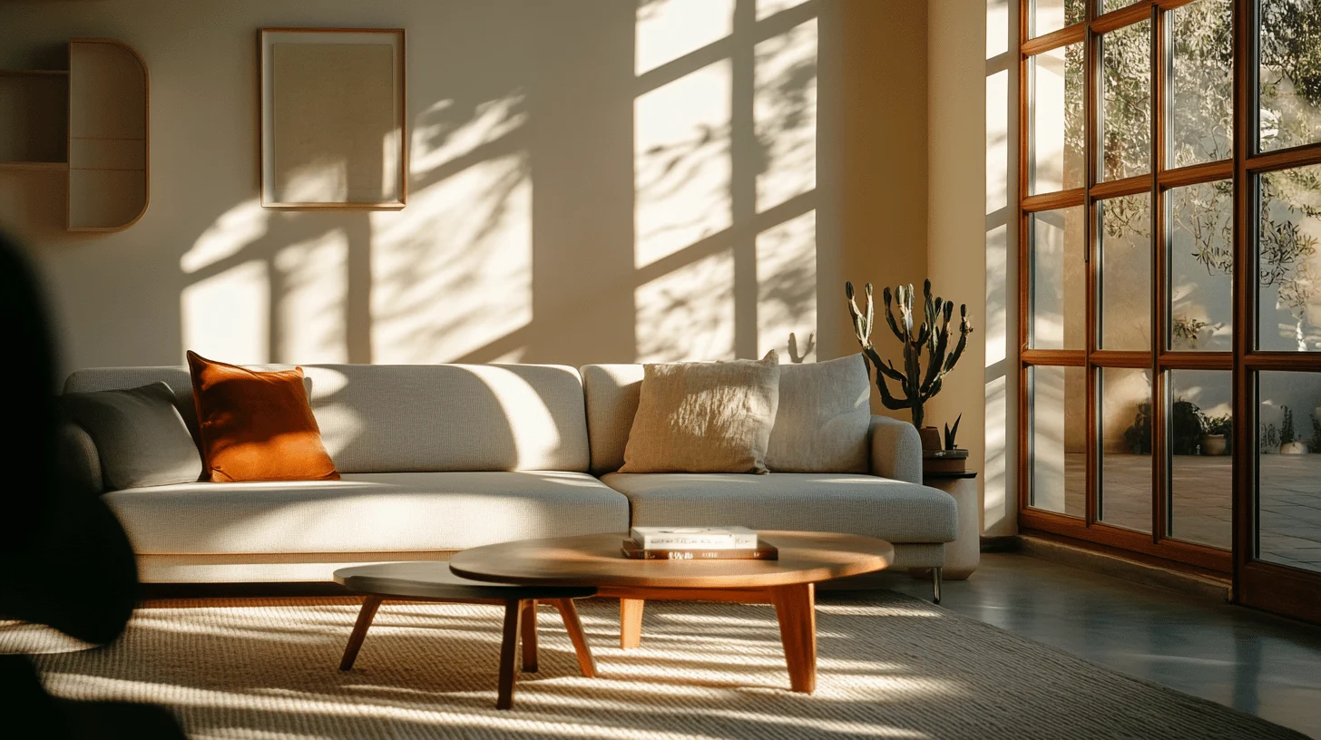 A minimalist, sunlit luxury living room with a modern sofa and wooden coffee table, symbolizing financial stability, intentional living, and long-term wealth growth.