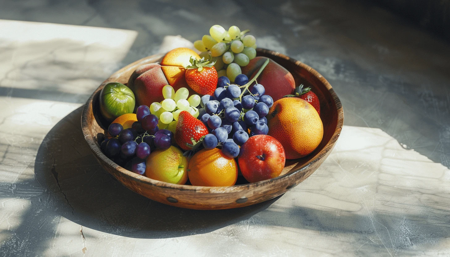 A wooden bowl filled with fresh, colorful fruits, symbolizing a balanced, nutrient-rich diet and the foundation of healthy eating.