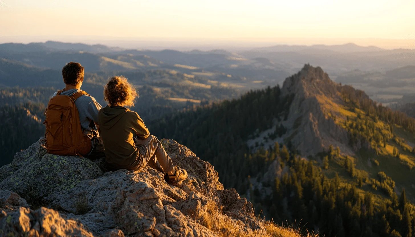 A couple sitting on a rocky mountain peak at sunrise, gazing over a vast landscape, symbolizing self-mastery, personal growth, and the journey to a fulfilling life.