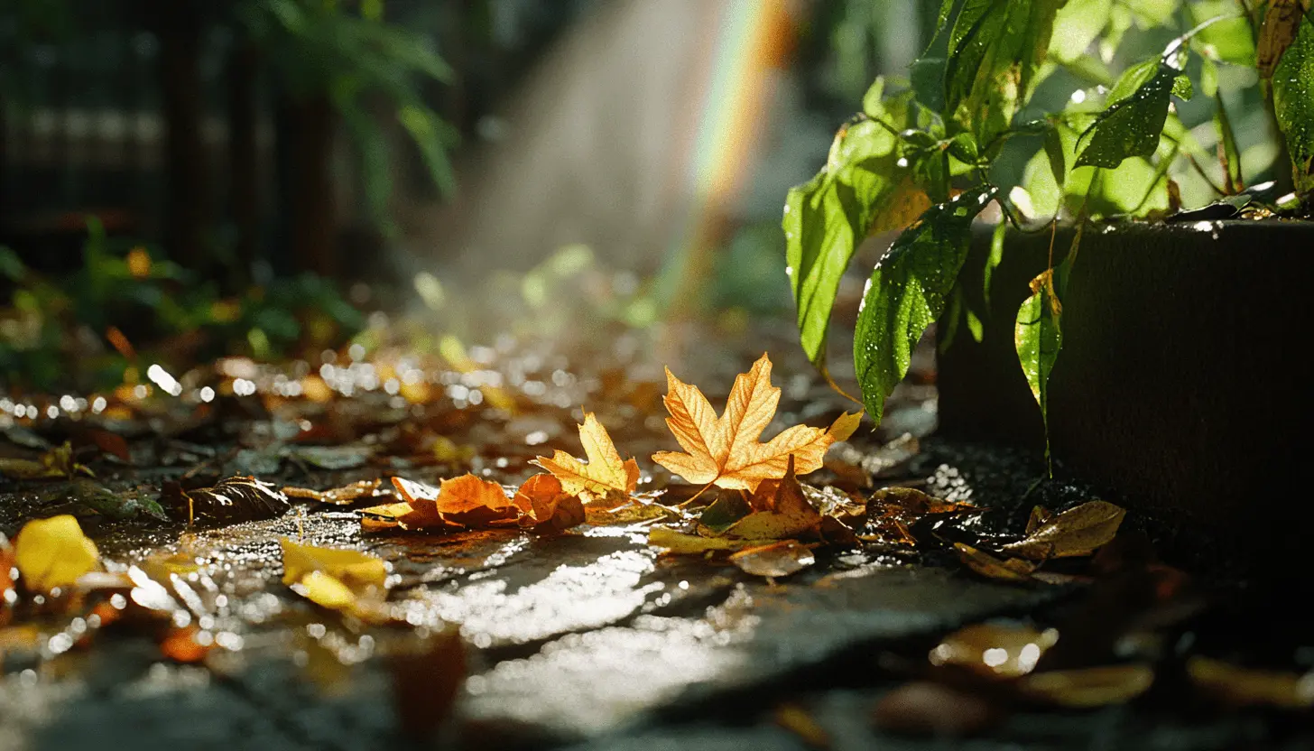 Golden autumn leaves on a wet path illuminated by sunlight, with a soft rainbow in the background—symbolizing renewal, resilience, and the beauty of happiness in small moments.