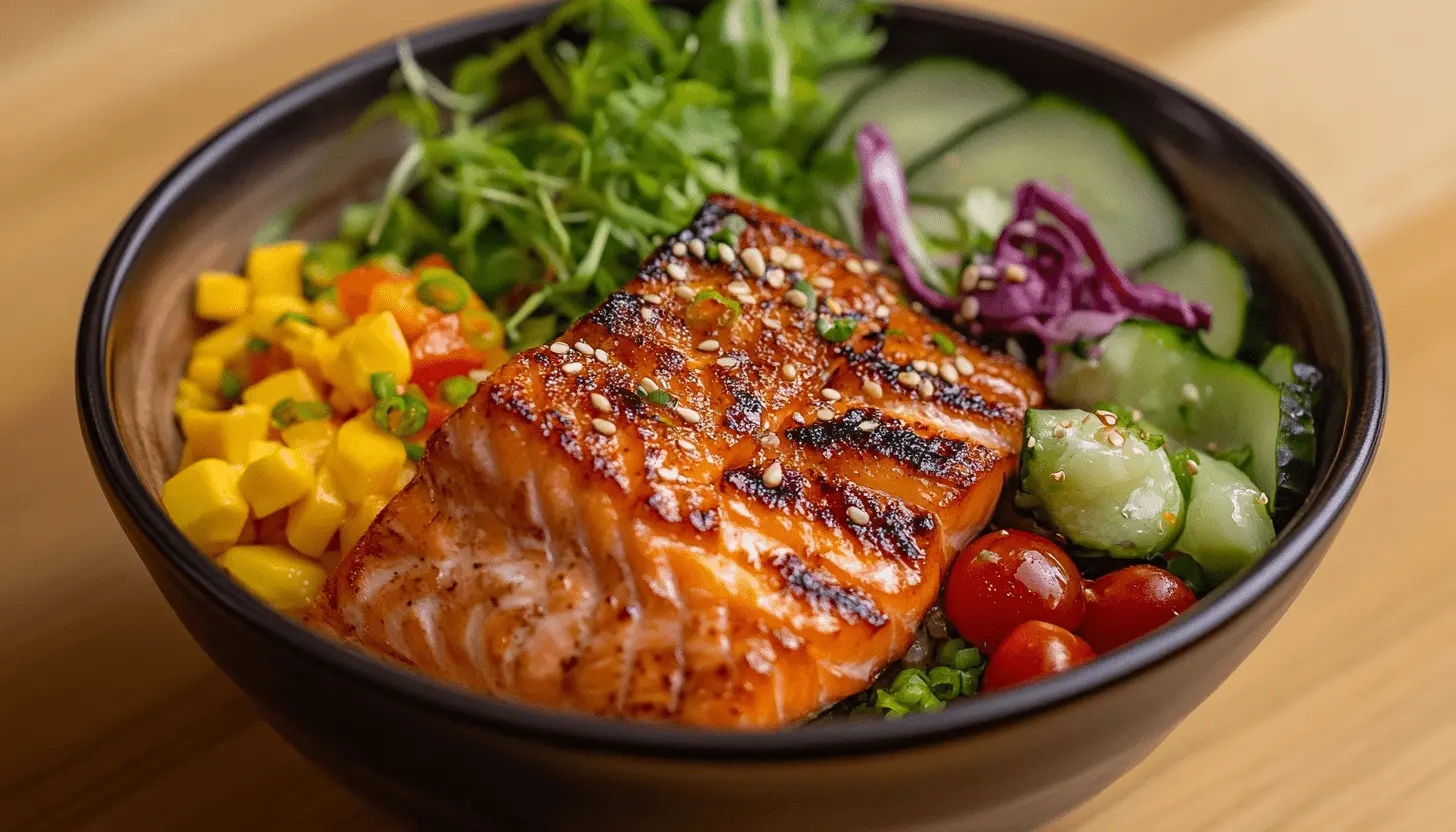 Grilled salmon bowl with fresh vegetables, avocado, mango, and sesame seeds – a nutrient-dense meal for sustainable fat loss.