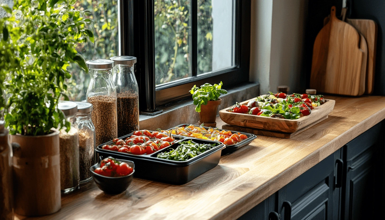 A beautifully arranged kitchen counter with fresh meal-prepped vegetables, herbs, and whole grains in natural sunlight, promoting healthy eating and meal preparation.