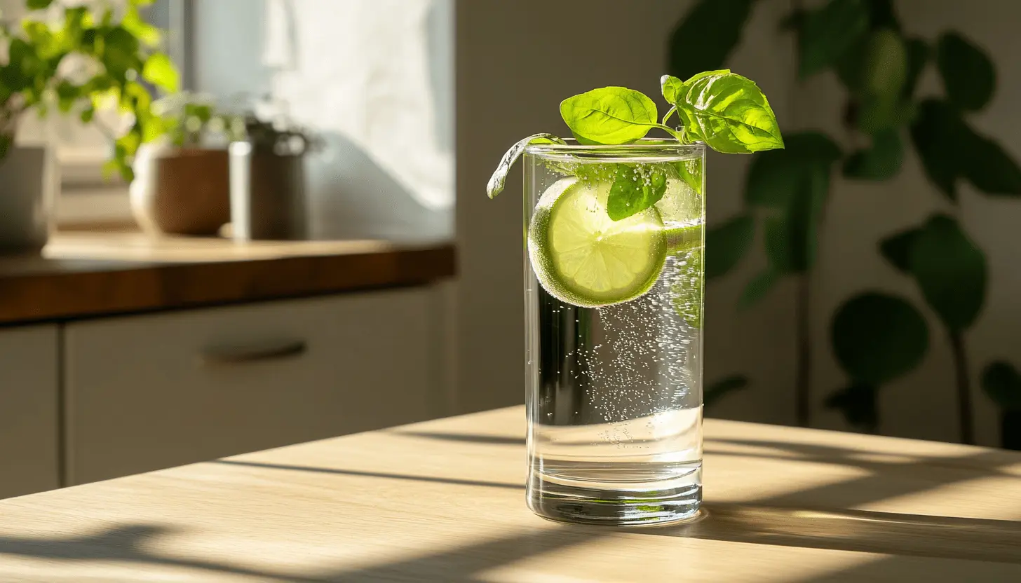 A refreshing glass of lime and basil-infused sparkling water on a wooden table, promoting hydration and a low-calorie lifestyle.