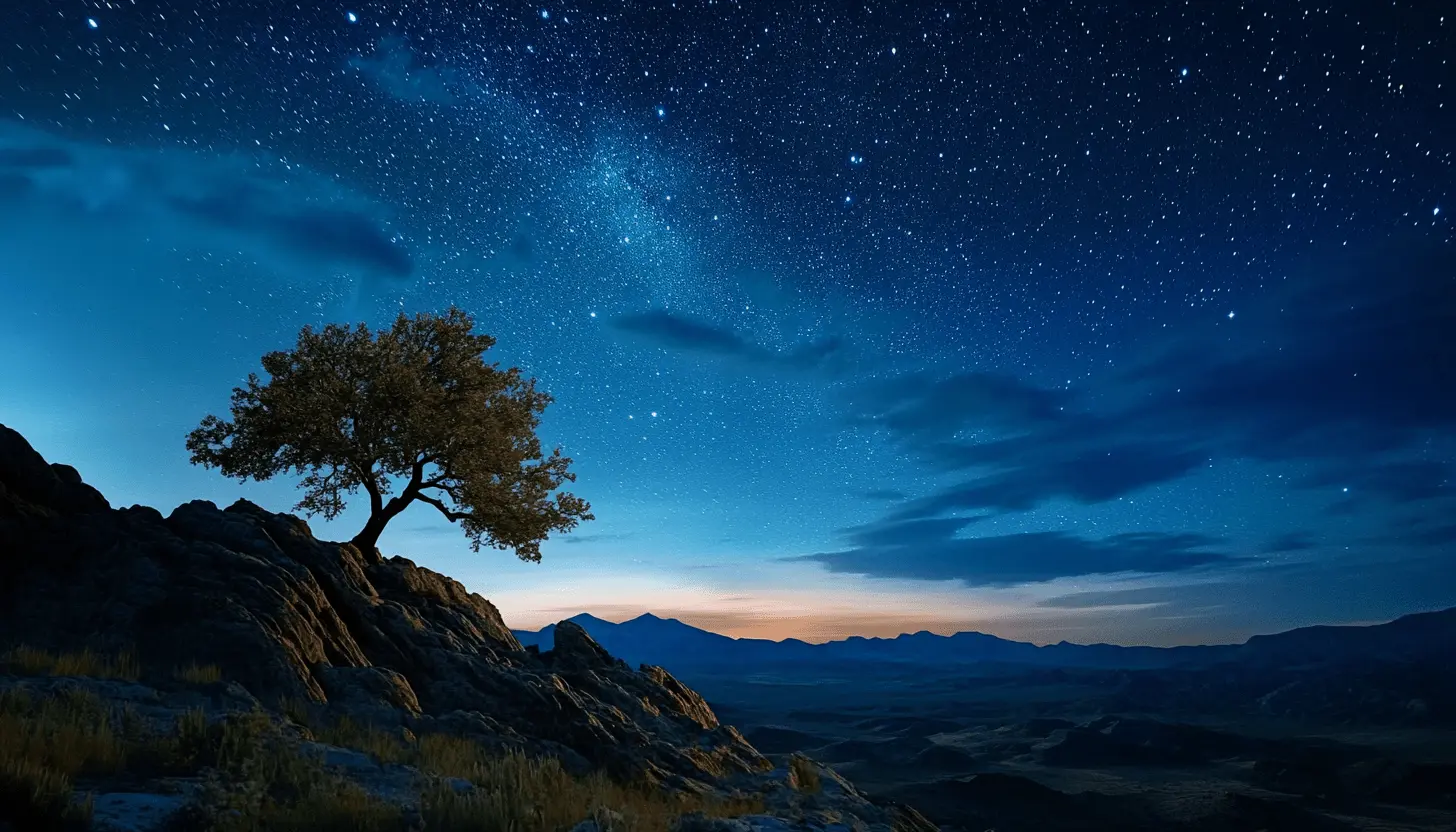 A stunning ultra-detailed 8K UHD photograph of the Milky Way stretching across a starry night sky. A lone tree sits atop a rugged mountain, silhouetted against the cosmic backdrop, with deep blues and warm golden hues blending into the horizon.