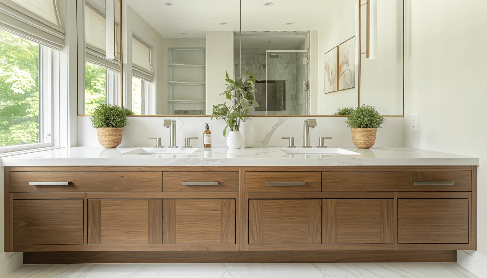 A modern bathroom with a wooden vanity, double sinks, and bright natural light, symbolizing cleanliness, organization, and healthy living.