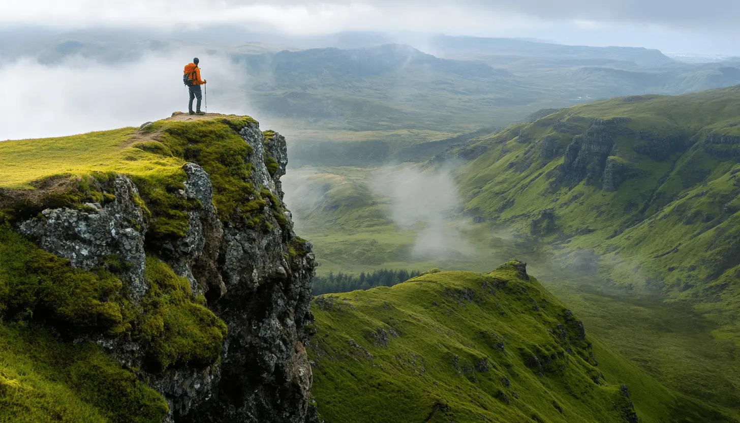 A lone traveler stands on a cliff overlooking a vast green valley, symbolizing personal growth, resilience, and the journey of self-improvement.