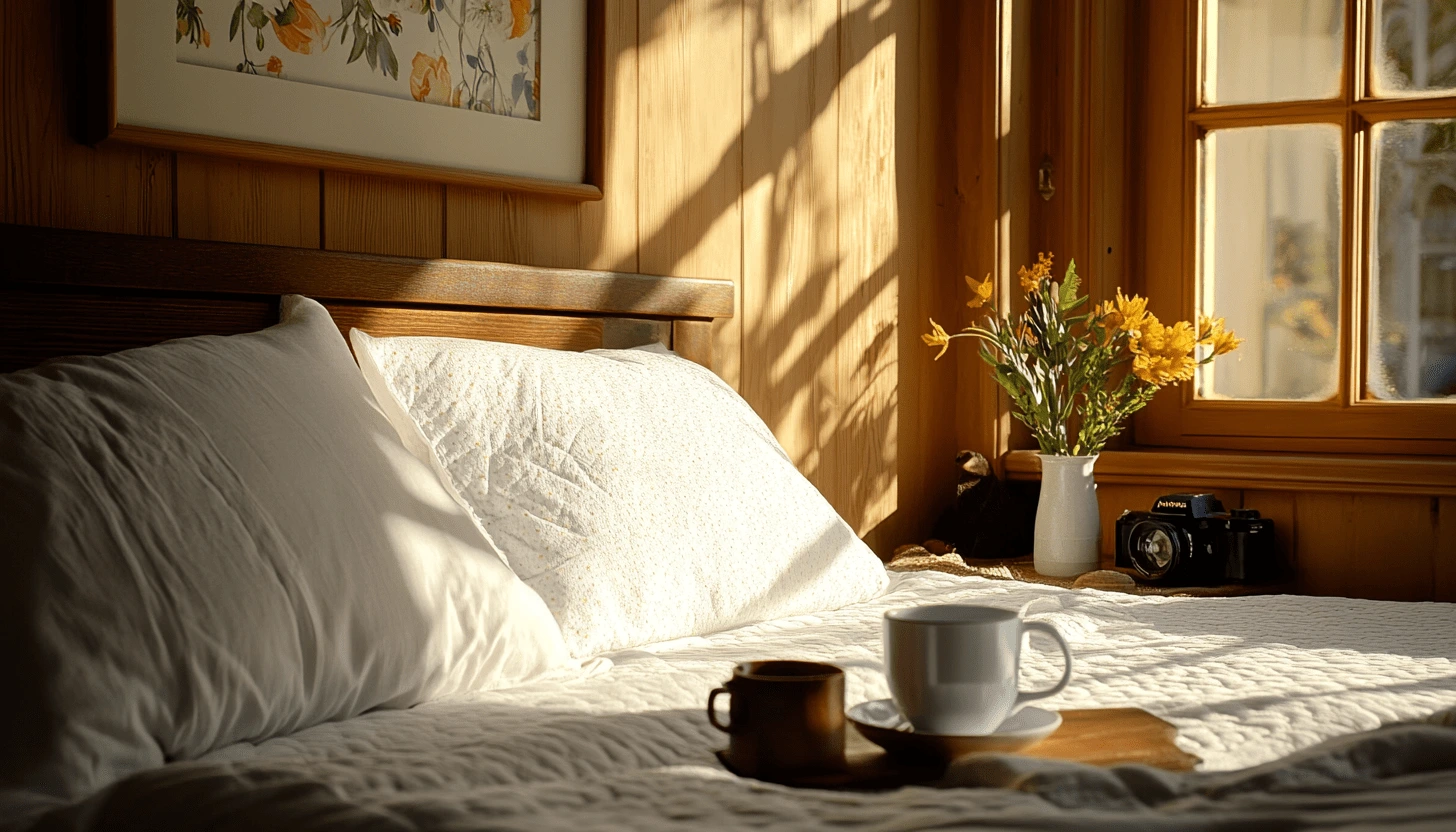 Cozy bedroom with white pillows, warm wooden decor, and morning sunlight streaming through a window, creating a peaceful sleep environment