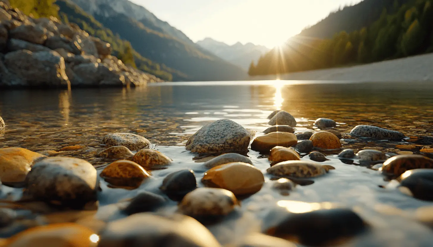 Close-up of smooth stones in a tranquil lake at sunrise, reflecting golden light, symbolizing mindfulness, balance, and inner peace