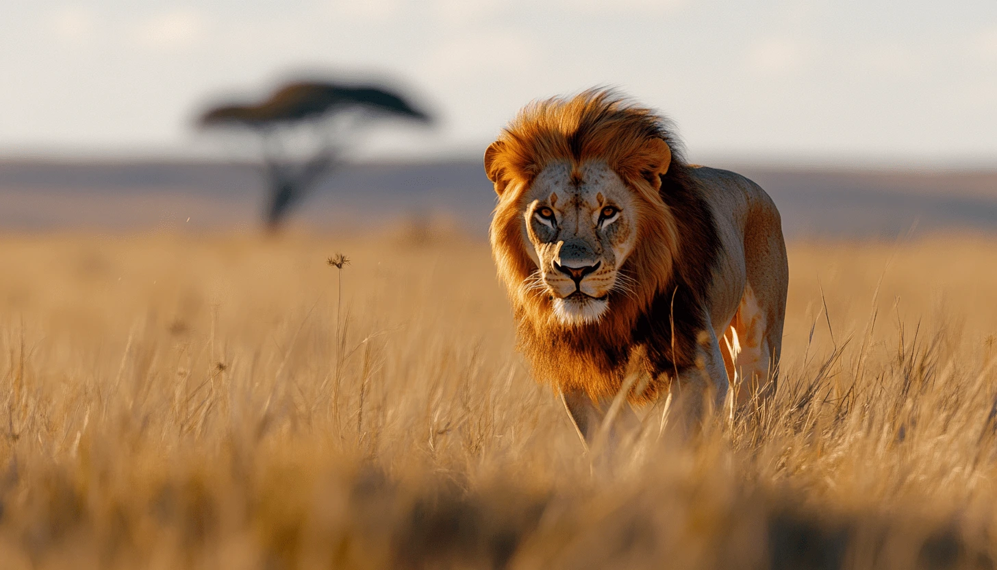 An intense lion walking through the golden savanna, symbolizing the body's fight-or-flight stress response.