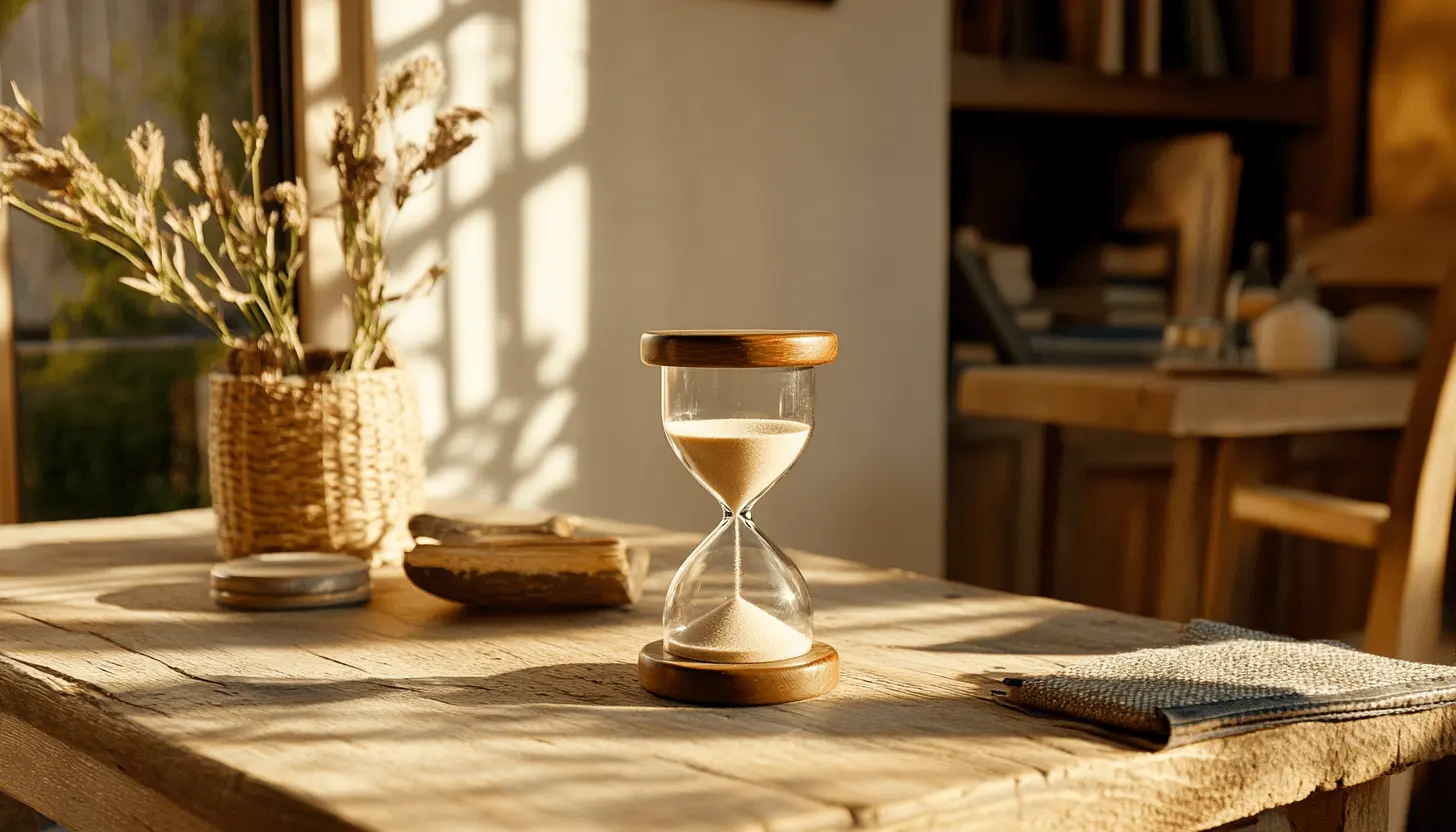 A wooden hourglass on a rustic desk bathed in warm sunlight, symbolizing time management, focus, and mindful productivity.