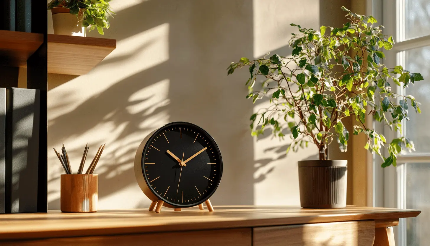 A modern workspace featuring a minimalist black clock on a wooden desk, bathed in natural sunlight, with a green potted plant nearby—symbolizing time management, focus, and productivity.