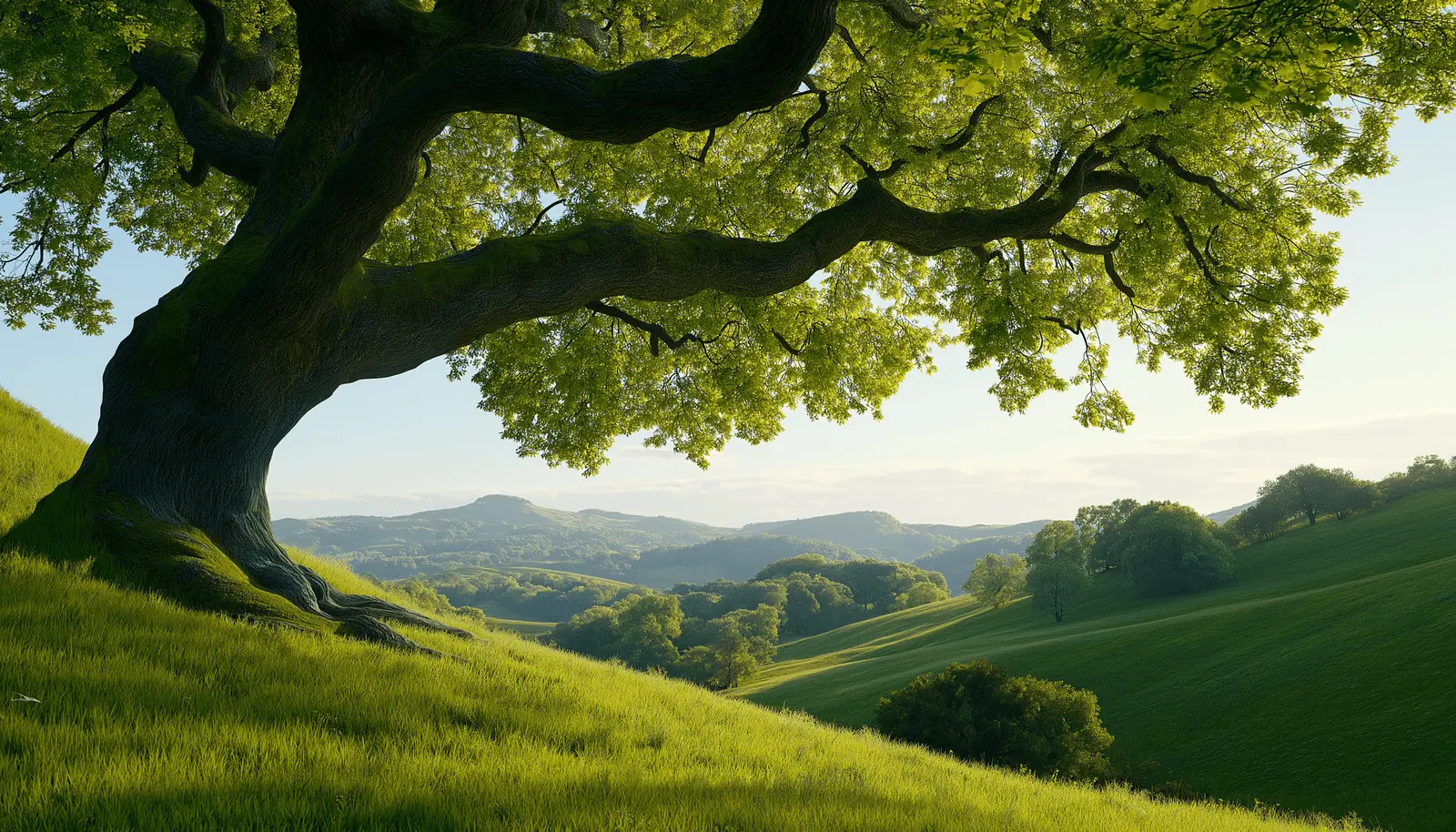 A lush green hillside with a large tree extending its branches, symbolizing growth, strength, and the four branches of physical health