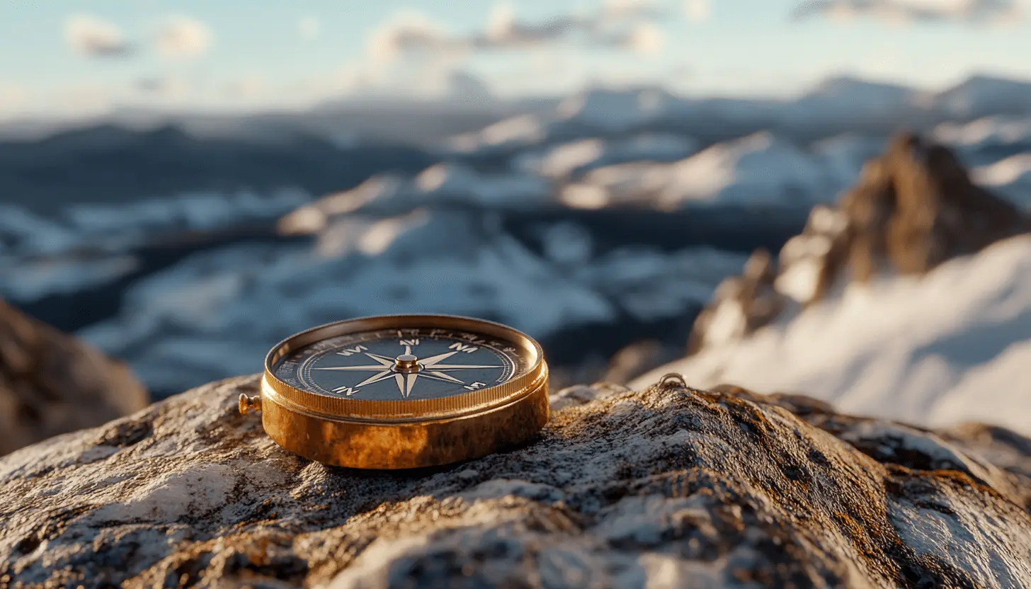 A vintage brass compass resting on a rugged mountain peak with a scenic view of snow-capped mountains in the background, symbolizing direction, purpose, and values-based goal setting.